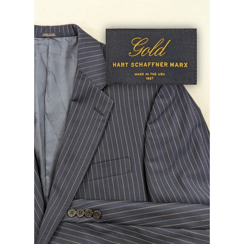 Hart Schaffner Marx Gold Wool Blazer Suit Jacket Navy Blue Double Pinstripe 40R